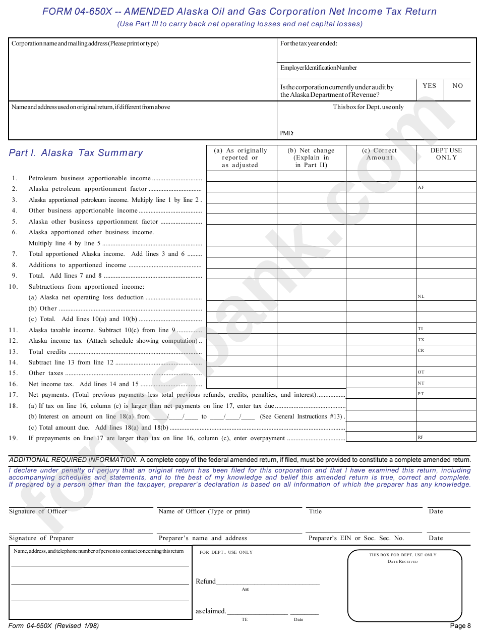 Form 04-650x - Amended Alaska Oil And Gas Corporation Net Income Tax Return