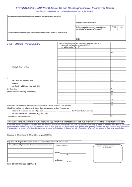 Fillable Form 04-650x - Amended Alaska Oil And Gas Corporation Net Income Tax Return Printable pdf