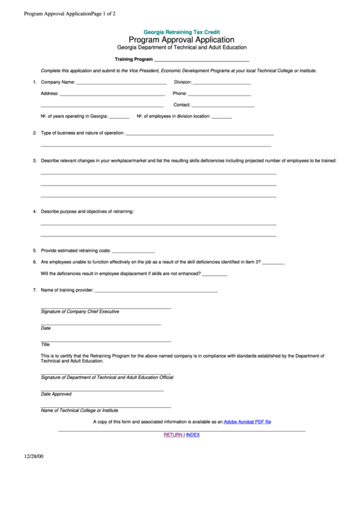 Georgia Retraining Tax Credit Program Approval Application - Department Of Technical And Adult Education Printable pdf