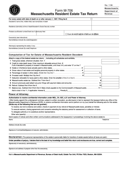 Form M-706 - Massachusetts Resident Estate Tax Return Printable pdf