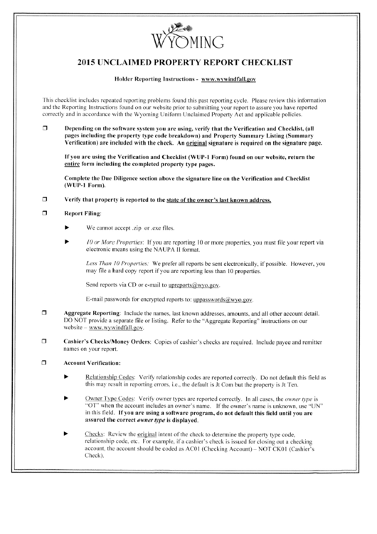 2015 Unclaimed Property Report Checklist - Wyoming Printable pdf