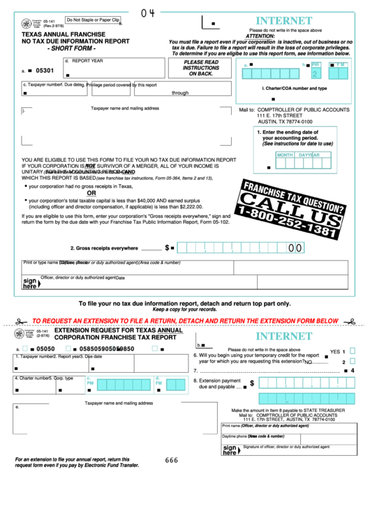 Fillable Form 05-141 - Texas Annual Franchise No Tax Due Information Report Printable pdf