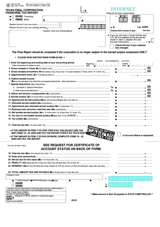 Fillable Form 05-139 - Texas Final Corporation Franchise Tax Report Printable pdf