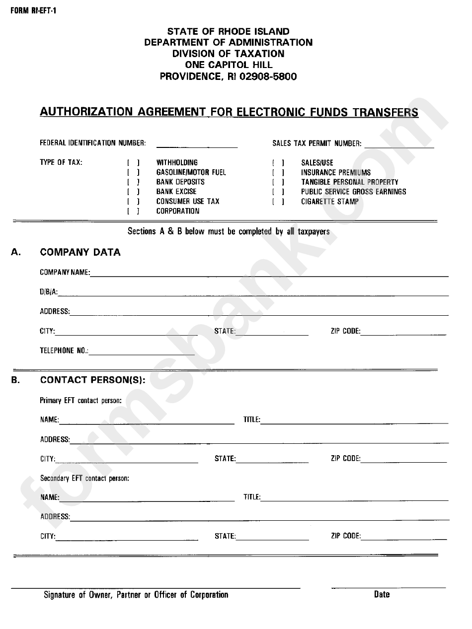 Form Ri-Eft-1 - Authorization Agreement For Electronic Funds Transfers