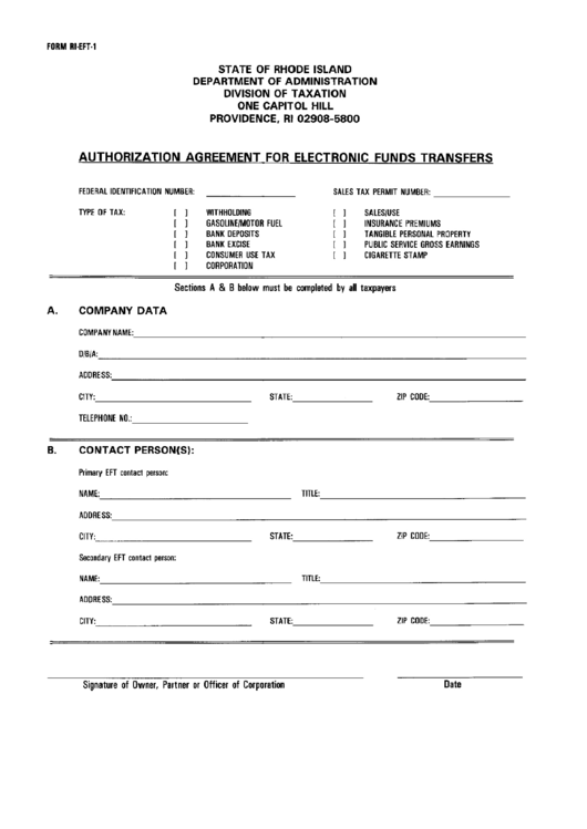Form Ri-Eft-1 - Authorization Agreement For Electronic Funds Transfers Printable pdf