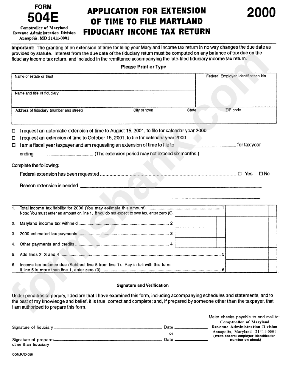 Form 504e - Application For Extension Of Time To File Maryland Fiduciary Income Tax Return - 2000