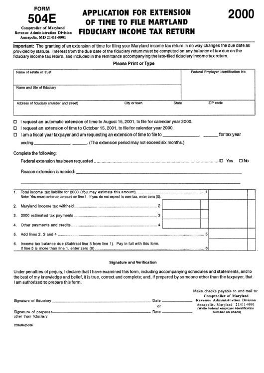Form 504e - Application For Extension Of Time To File Maryland Fiduciary Income Tax Return - 2000 Printable pdf