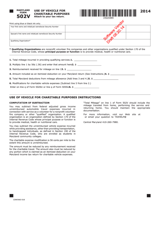 Maryland Form 502v Draft - Use Of Vehicle For Charitable Purposes - 2014 Printable pdf