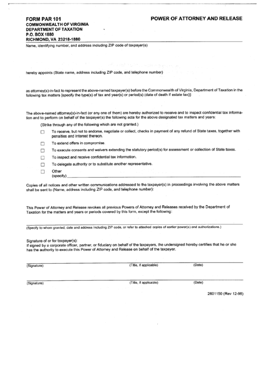Form Par 101 - Power Of Attorney And Release - Virginia Department Of Taxation Printable pdf