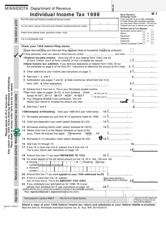 Fillable Form M-1 - Individual Income Tax 1998 Printable pdf