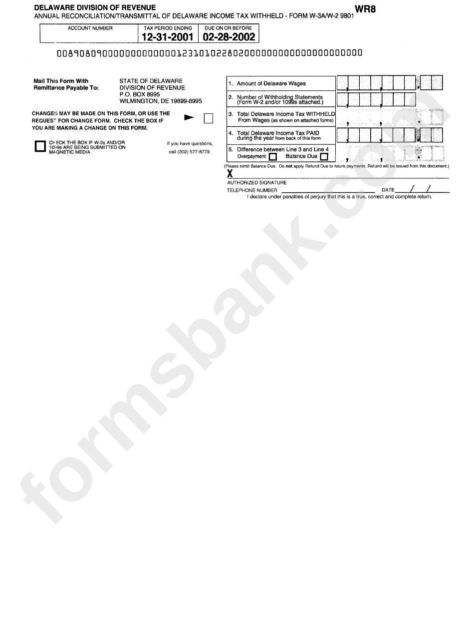 Form W-3a/w-2 9801 - Annual Reconciliation/transmittal Of Delaware Income Tax Withheld - 2001-2002