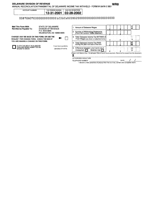 Form W-3a/w-2 9801 - Annual Reconciliation/transmittal Of Delaware Income Tax Withheld - 2001-2002 Printable pdf
