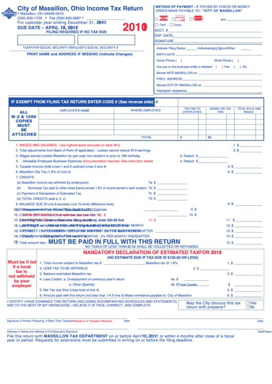Income Tax Return Form - City Of Massillon - 2011 Printable pdf