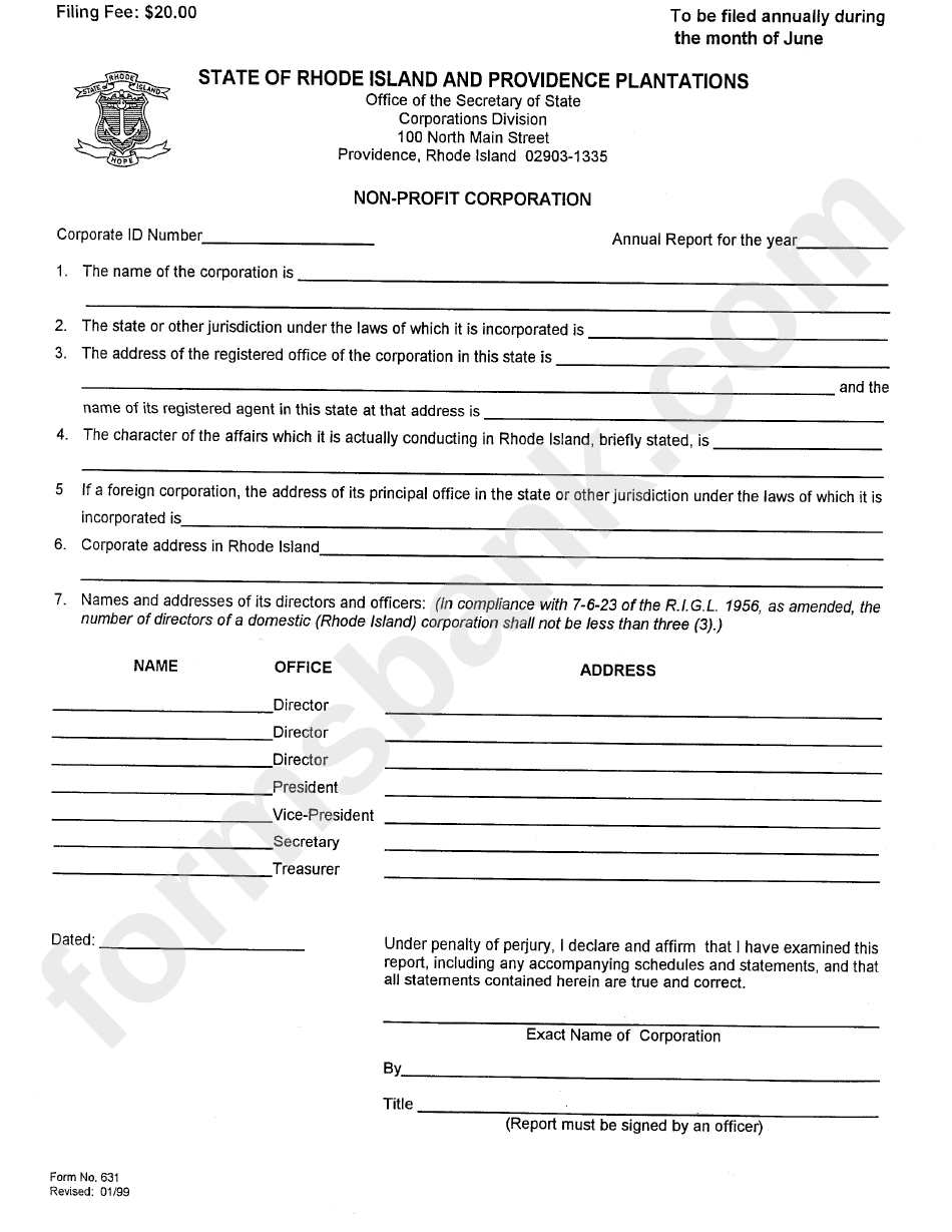 Form 631 - Non-Profit Corporation - Rhode Island And Providence Plantations Secretary Of State