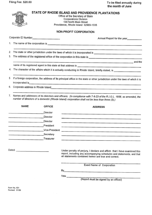 Form 631 - Non-Profit Corporation - Rhode Island And Providence Plantations Secretary Of State Printable pdf