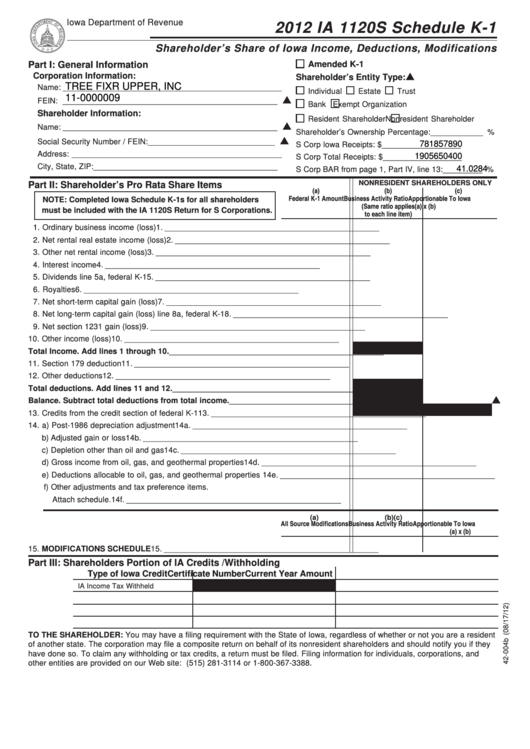 Fillable Form Ia 1120s - Schedule K-1 - Shareholder