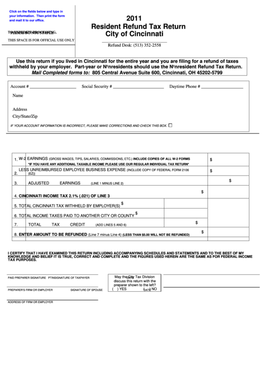 Fillable Resident Refund Tax Return Form - City Of Cincinnati - 2011 Printable pdf