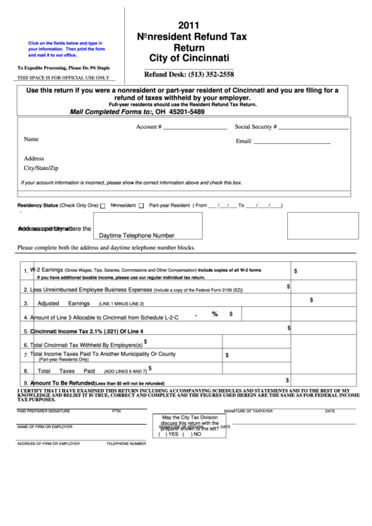 Fillable 2011 Nonresident Refund Tax Return - City Of Cincinnati Printable pdf