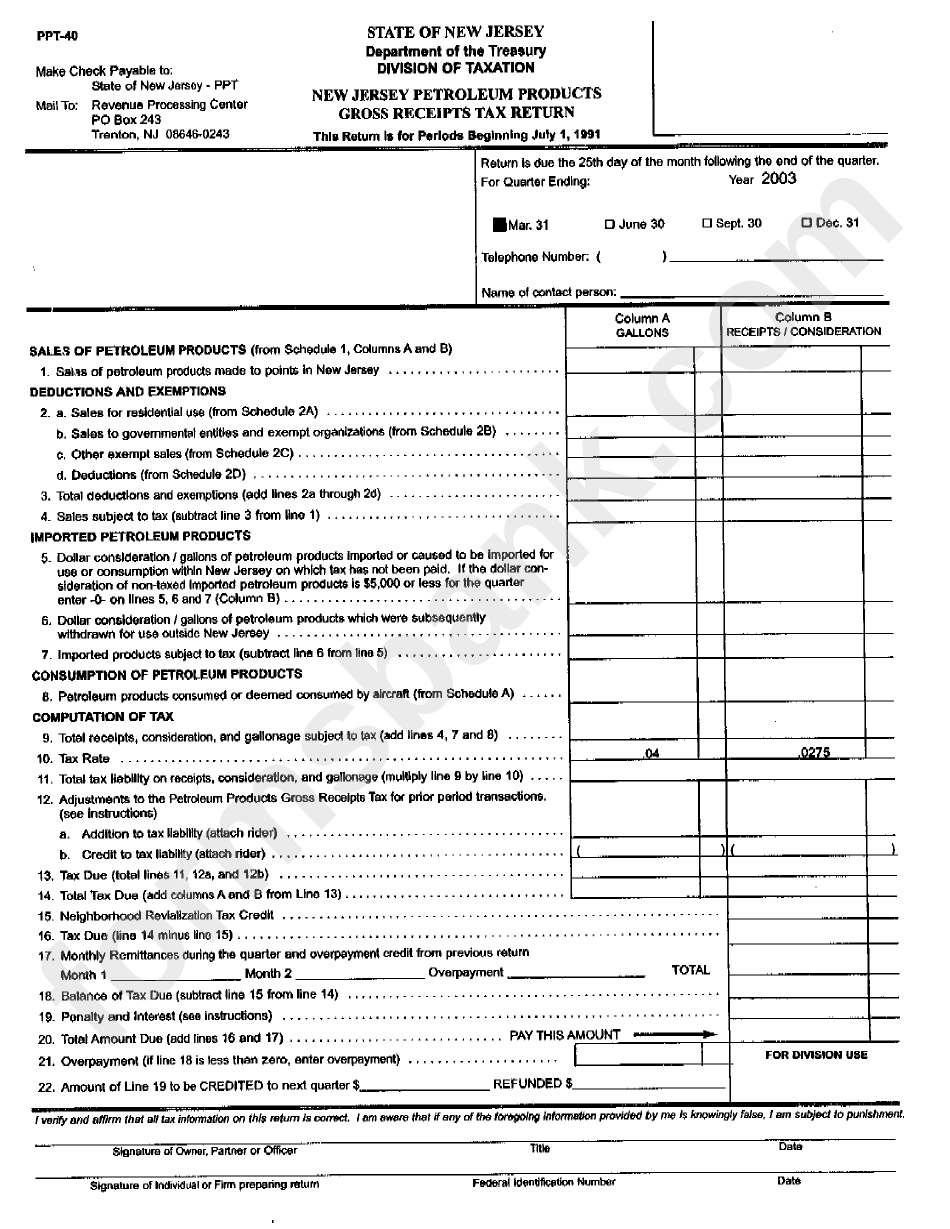 Form Ppt-40 - New Jersey Petroleum Products Gross Receipts Tax Return - Department Of The Treasury