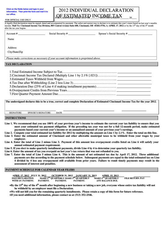 Fillable Form D-1 - 2012 Individual Declaration Of Estimated Income Tax Printable pdf