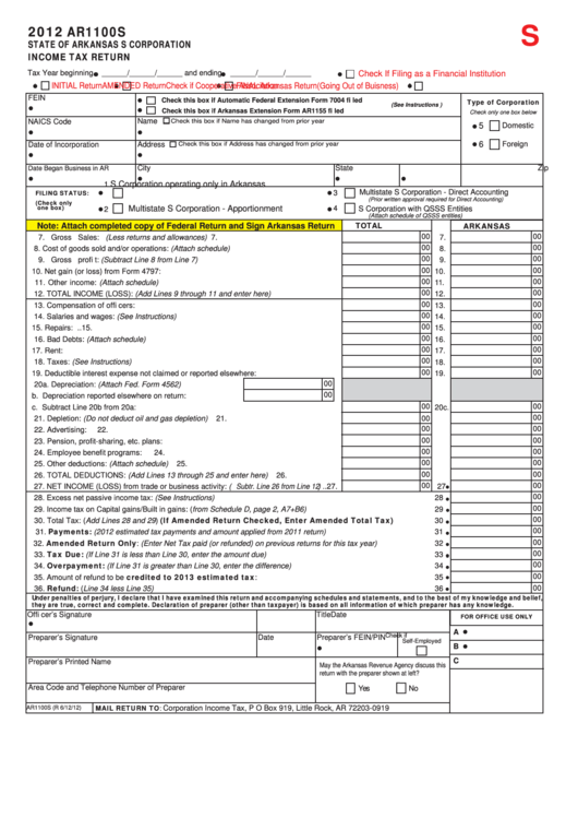 Fillable Form Ar1100s - State Of Arkansas S Corporation Income Tax Return - 2012 Printable pdf