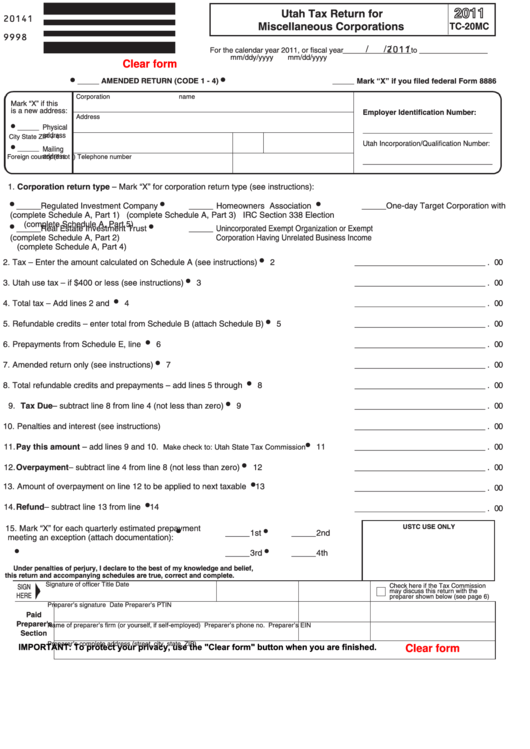 Fillable Form Tc-20mc - Utah Tax Return For Miscellaneous Corporations - 2011 Printable pdf