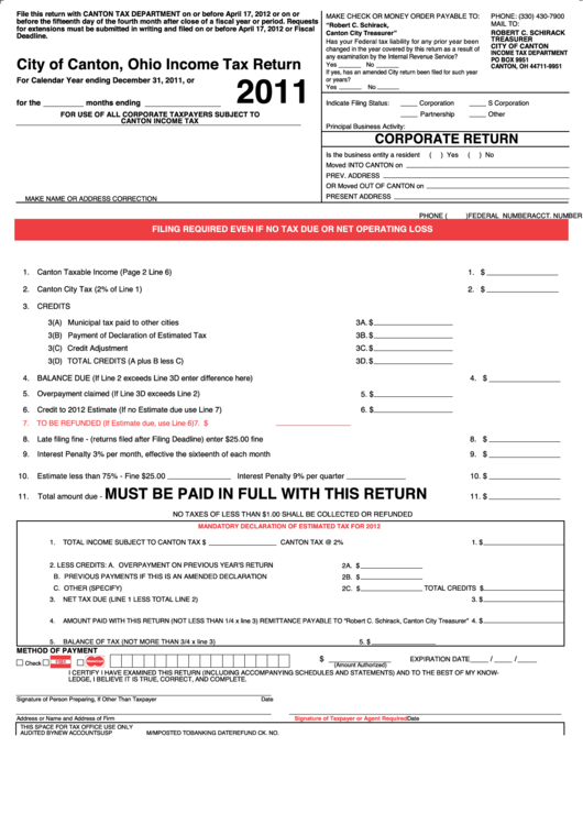 Ohio Income Tax Return - City Of Canton - 2011 Printable pdf