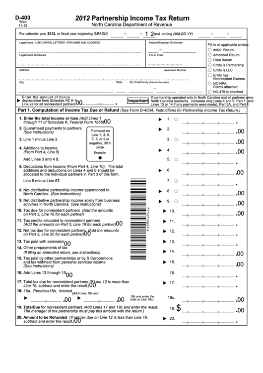 Form D-403 - Partnership Income Tax Return - 2012 Printable pdf