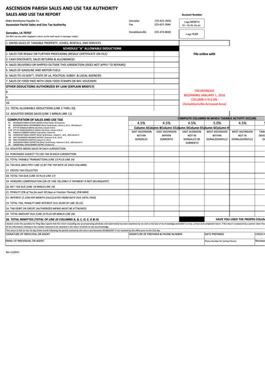 Sales And Use Tax Report - Louisiana Ascension Parish Sales And Use Tax Authority Printable pdf