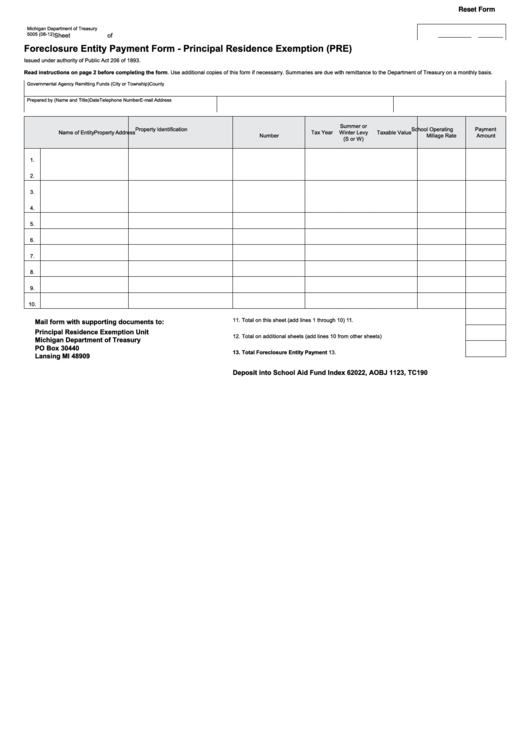 Fillable Form 5005 - Foreclosure Entity Payment Form - Principal Residence Exemption (Pre) Printable pdf