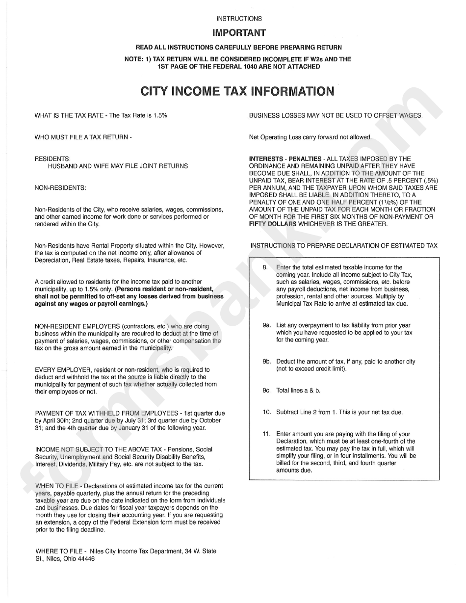 Form Ir - City Of Niles Income Tax - 2015