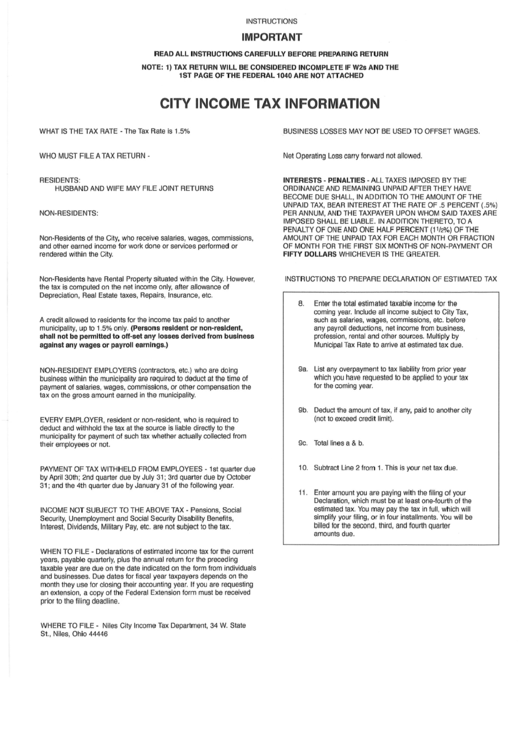 Form Ir - City Of Niles Income Tax - 2015 Printable pdf