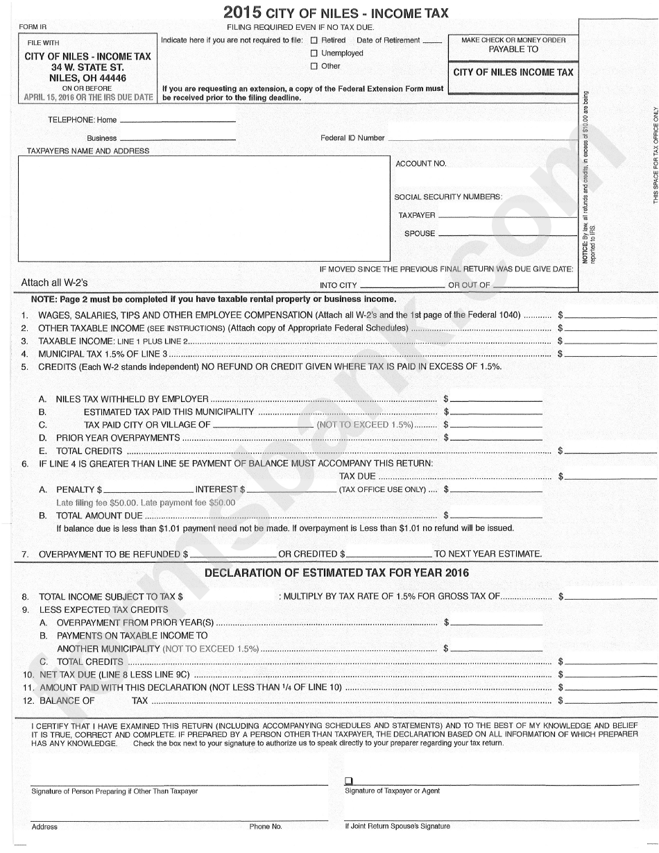 Form Ir - City Of Niles Income Tax - 2015