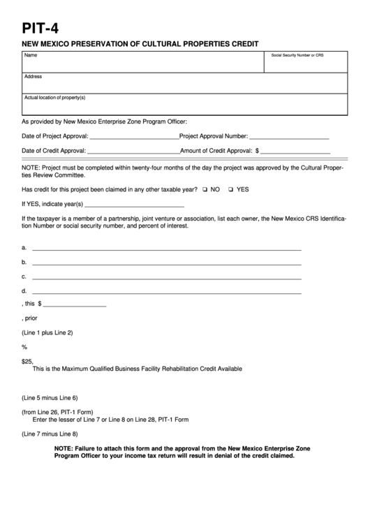 Fillable Form Pit-4 - New Mexico Preservation Of Cultural Properties Credit Printable pdf
