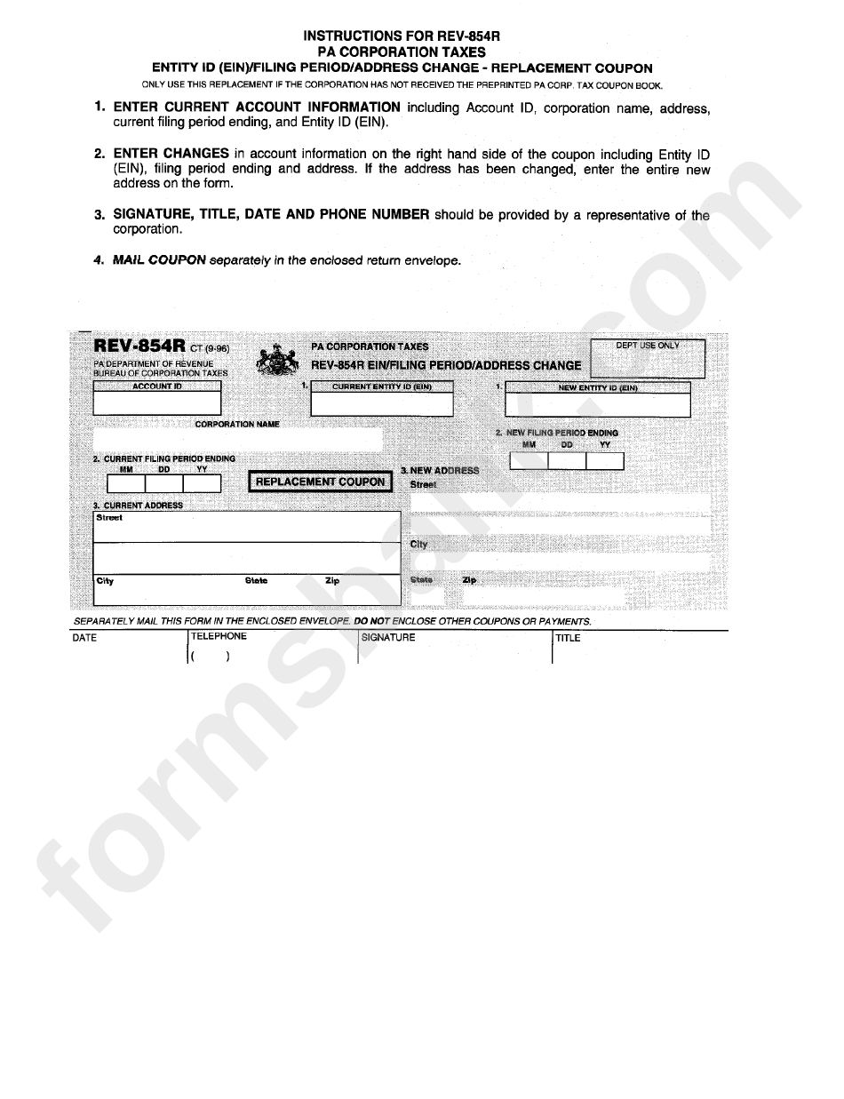 Form Rev-854r - Ein/filling Period/address Change - Pa Corporation Taxes
