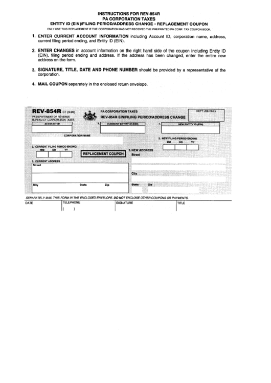 Form Rev-854r - Ein/filling Period/address Change - Pa Corporation Taxes Printable pdf
