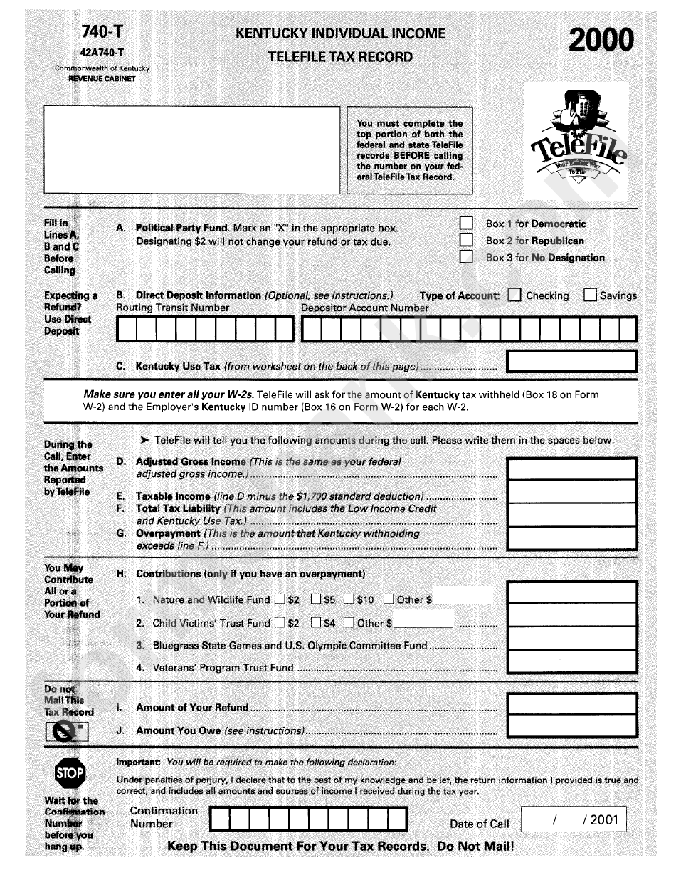 Form 740-T - Kentucky Individual Income Telefile Tax Record - 2000