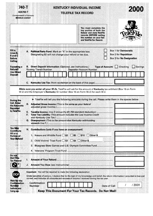 Form 740-T - Kentucky Individual Income Telefile Tax Record - 2000 Printable pdf