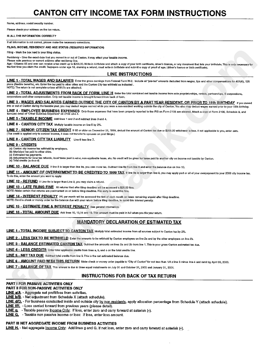 Canton City Income Tax Form Instructions printable pdf download