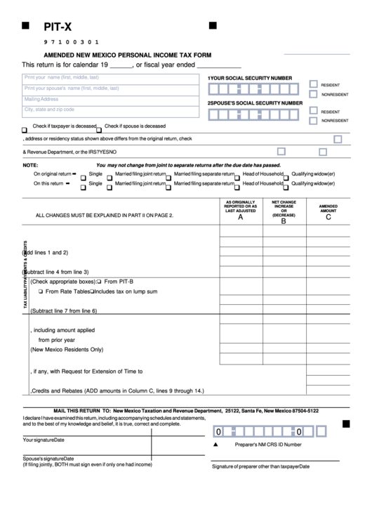 Fillable Form Pit-X - Amended New Mexico Personal Income Tax Form Printable pdf