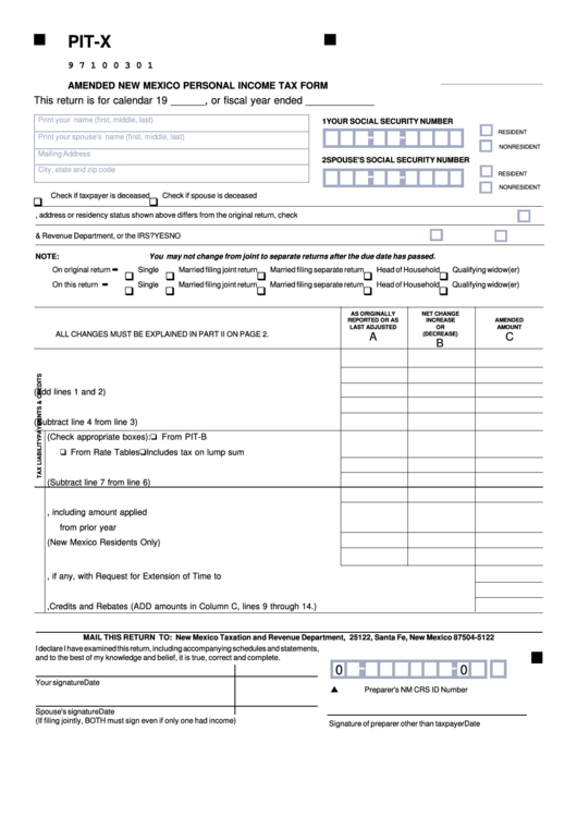 Fillable Form Pit X Amended New Mexico Personal Income Tax Form 