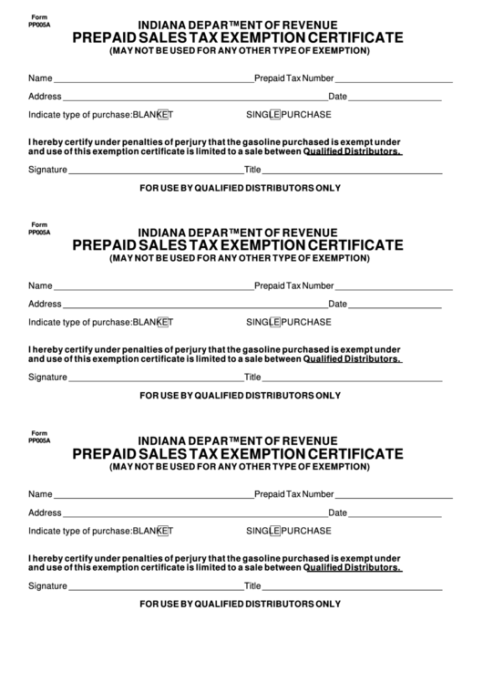 Fillable Form Pp005a - Prepaid Sales Tax Exemption Certificate - Indiana Department Of Revenue Printable pdf