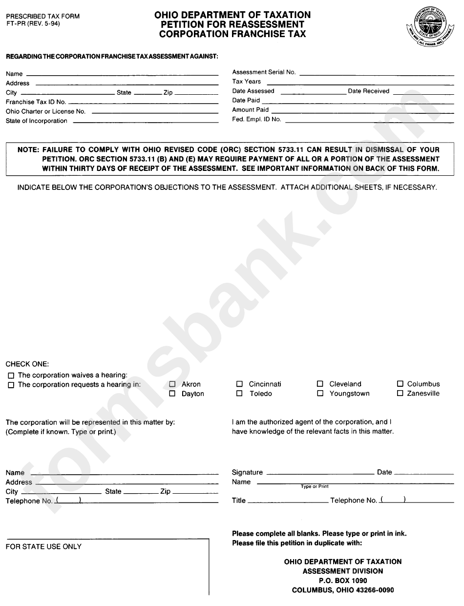 Prescribed Tax Form Ft-Pr - Petition For Reassessment Corporation Franchise Tax