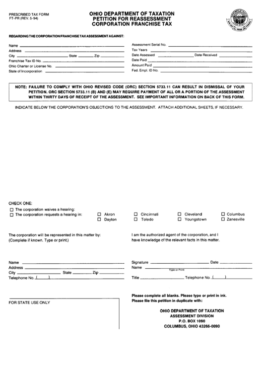 Fillable Prescribed Tax Form Ft-Pr - Petition For Reassessment Corporation Franchise Tax Printable pdf