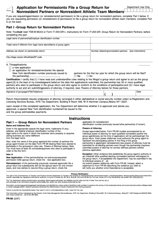 Fillable Form Pr-99 - Application For Permission To File A Group Return For Nonresident Partners Or Nonresident Athletic Team Members Printable pdf