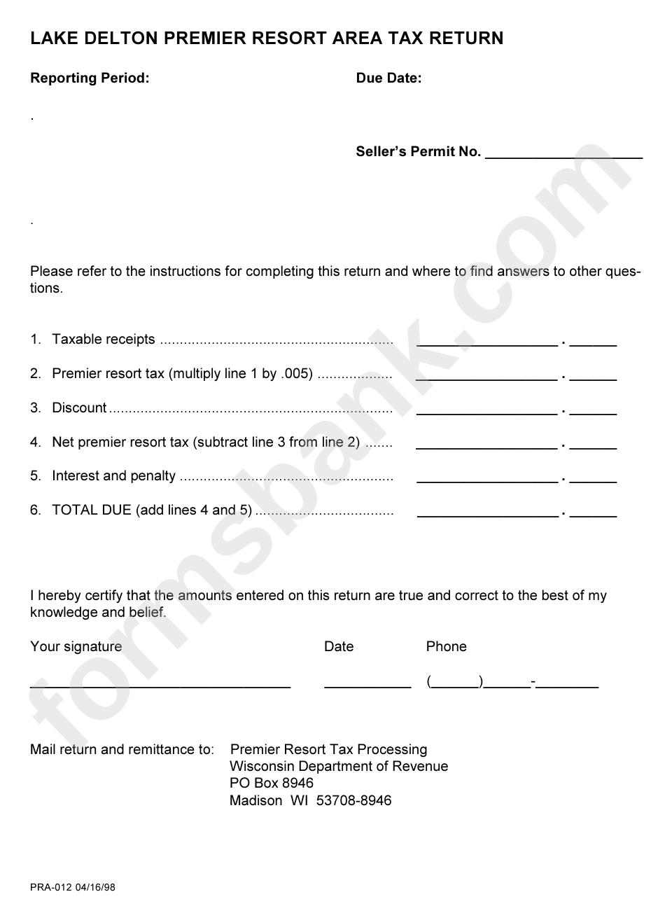 Form Pra-012 04 - Lake Delton Premier Resort Area Tax Return