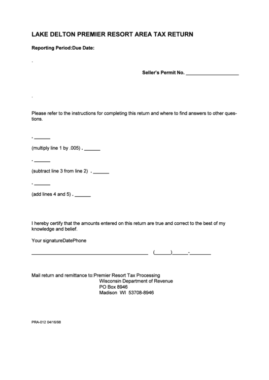 Fillable Form Pra-012 04 - Lake Delton Premier Resort Area Tax Return Printable pdf
