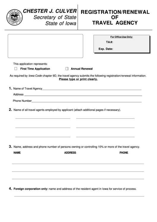 Registration/renewal Of Travel Agency. Travel Agency Consent To Service Of Process. Travel Agency Bond Form Printable pdf