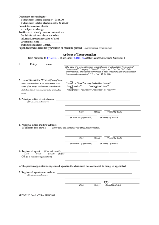 Fillable Form Artinc_pc - Articles Of Incorporation Printable pdf