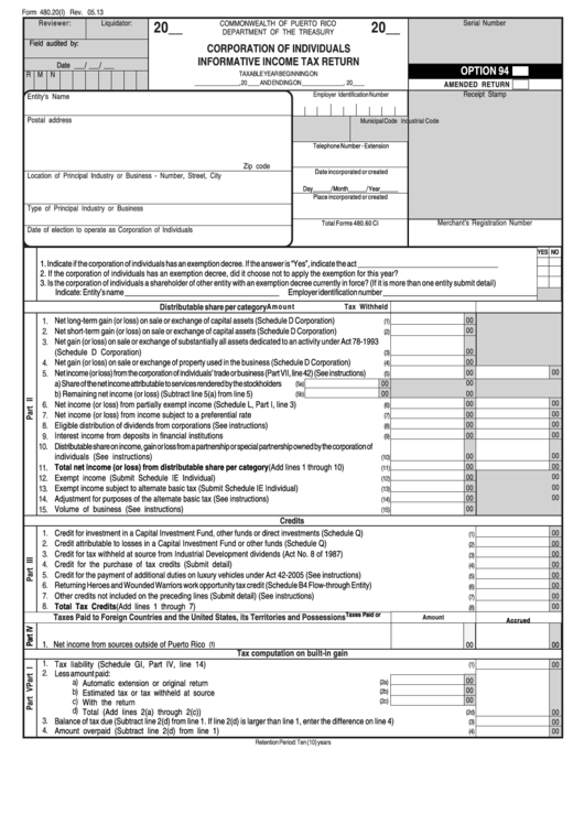 Form 480.20 - Corporation Of Individuals Informative Income Tax Return Printable pdf